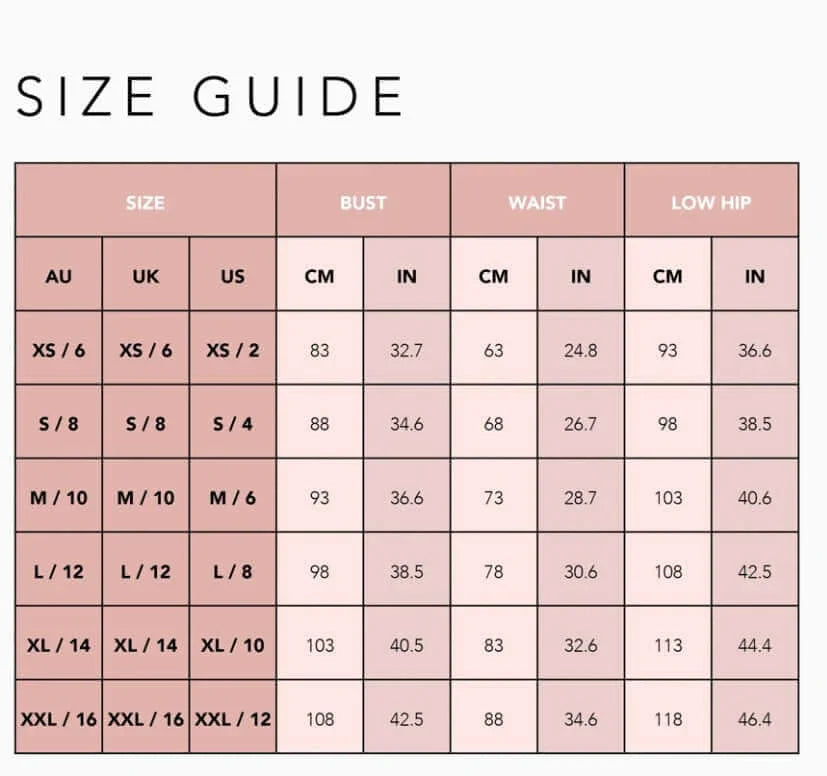 Women's clothing size guide chart with AU, UK, US sizes and bust, waist, hip measurements in cm and inches.